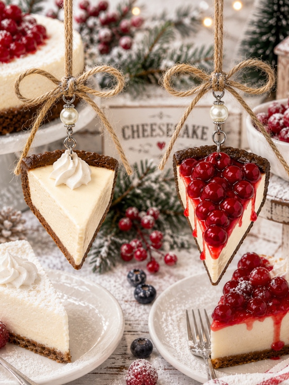 Cheesecake Ornament - Cherry & Original | Handmade Miniature Dessert Decor